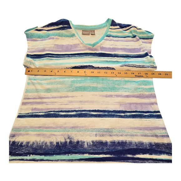 Chicos Top Womens Size Medium 1 Multicolor Stripe Short Sleeve Artsy Coastal - Picture 8 of 9